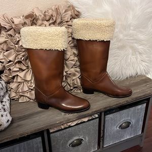 Moulded Construction Knee High Galoshes Faux Shearing Brown Vintage Boots Sz 7